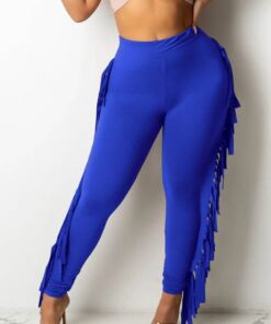 Solid Color Leggings With Fringed Side