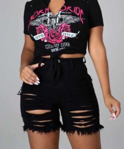 High Rise Frayed Bottom Black  Shorts w/ Front & Back Destruction Copy