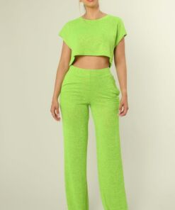Solid Pant Set with Crop Top