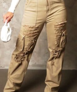 High Rise Destroyed Khaki Cargo Pants