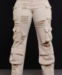 High Rise Multi Pockets Distressed Cargo Pants ivory