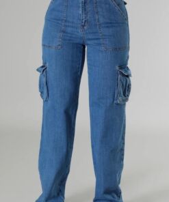 High Rise Medium Blue Washed Cargo Jeans med blue
