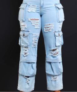 High Rise Multi Pockets Distressed Cargo Jeans light blue