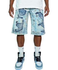 Man wearing distressed denim shorts with sneakers and white socks.