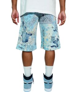 Back view of patchwork denim shorts with a blue and white pattern.