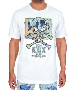 White t-shirt with a skull and crossbones graphic and text.