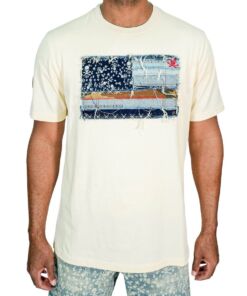 White t-shirt with a distressed American flag graphic made of fabric patches.