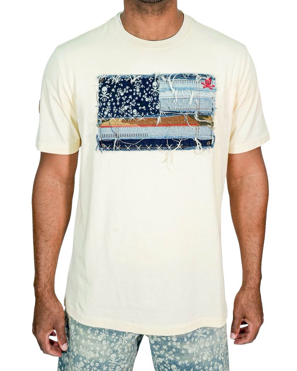 White t-shirt with a distressed American flag graphic made of fabric patches.
