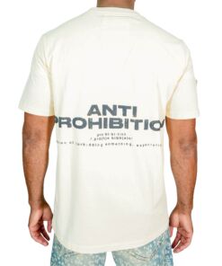 Man wearing a white T-shirt with 'ANTI PROHIBITION' text on the back.