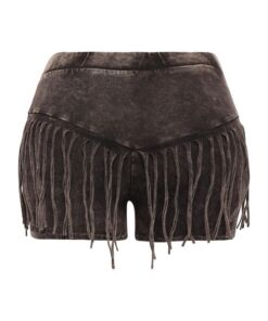 Brown suede shorts with fringe detailing along the hem.
