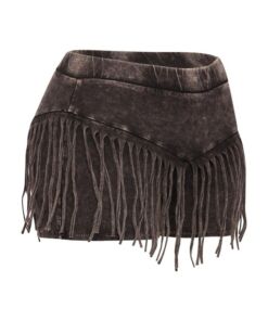 Black mini skirt with fringe detailing.