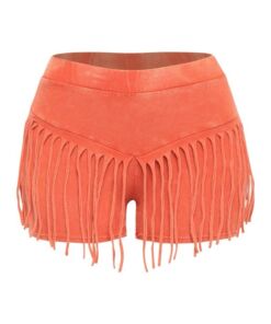 Orange suede shorts with fringe detailing on the front.