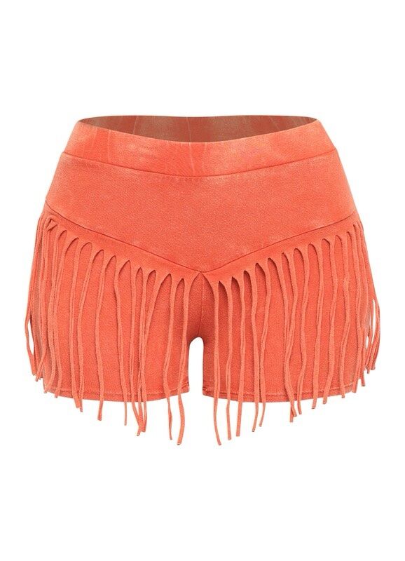 Orange suede shorts with fringe detailing on the front.