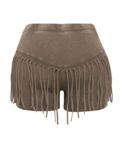 Brown suede shorts with fringe detailing along the hem.
