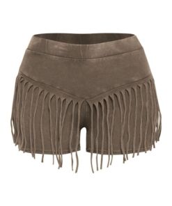 Brown suede shorts with long fringe detailing.