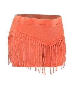 Orange suede shorts with fringe detailing.