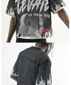Front and back views of a black and white patterned shirt with graphic and text details.