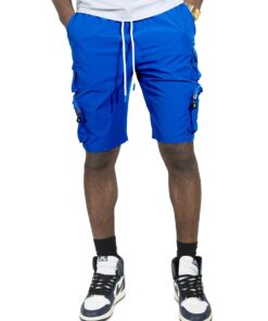 Man wearing bright blue cargo shorts and black sneakers.