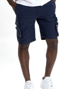 Man wearing navy blue cargo shorts and white sneakers.