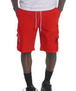 Person wearing bright red cargo shorts with pockets and drawstring.