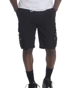 Black cargo shorts with side pockets worn by a person.