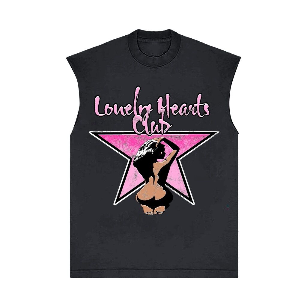 Black sleeveless shirt with a pink star and "Lonely Hearts Club" text.