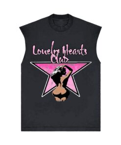 Black sleeveless shirt with a pink star and "Lonely Hearts Club" text.