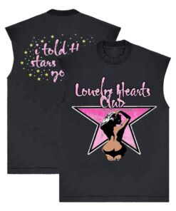 Black T-shirt with pink and white graphic and text designs on front and back.