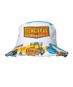 White bucket hat with colorful street art and 'BLAC LEAF' logo patch.