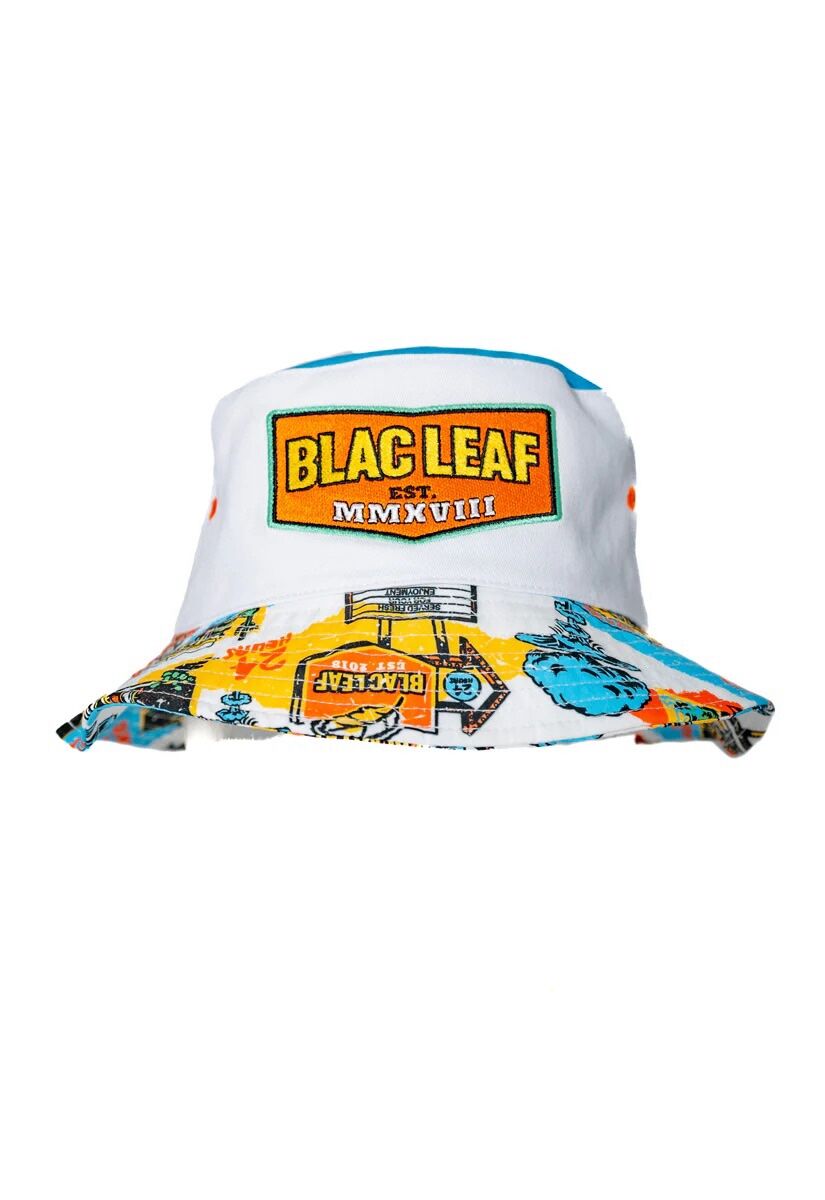 White bucket hat with colorful street art and 'BLAC LEAF' logo patch.