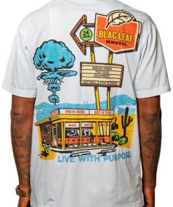 White T-shirt with colorful retro diner and atomic explosion graphic.