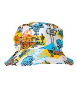 Colorful bucket hat with desert and roadside diner illustrations.